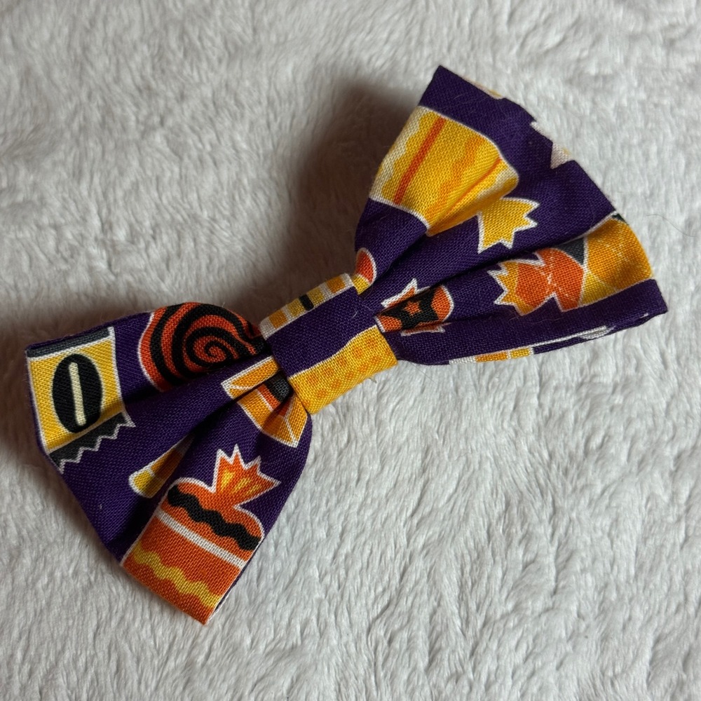Handmade Halloween Theme Candy Bowtie or Hair Bow - Child Size - 4" Purple- Clip